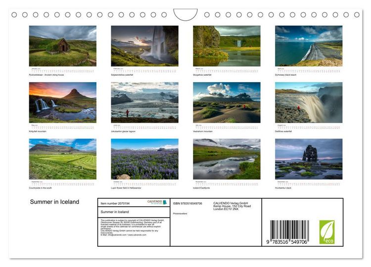Produktbild: Summer in Iceland (Wall Calendar 2026 DIN A4 landscape), CALVENDO 12 Month Wall Calendar