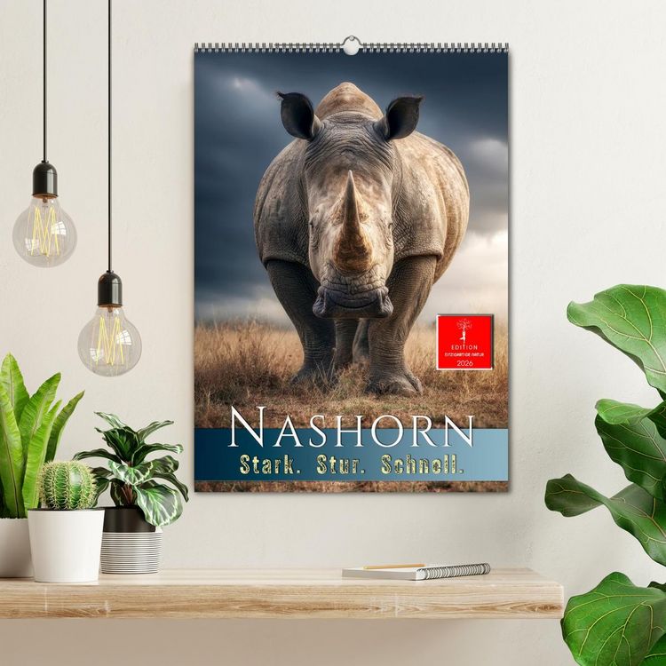 Produktbild: Nashorn - Stark. Stur. Schnell. (Wandkalender 2026 DIN A2 hoch), CALVENDO Monatskalender
