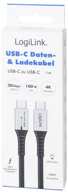 Produktbild: LogiLink USB-C&reg; Kabel USB 3.2 Gen2x2 USB-C&reg; Stecker 1.00 m Schwarz mit LED, 4K UHD, beidseitig verwendbarer Stecker CU0432