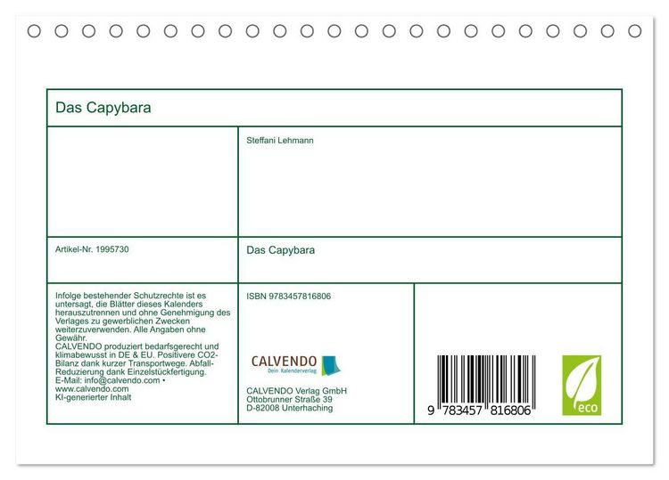 Produktbild: Das Capybara (Tischkalender 2026 DIN A5 quer), CALVENDO Monatskalender