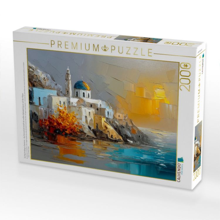 Produktbild: CALVENDO Puzzle Ein Nachmittag in Santorini - das Sonnenlicht streift die wei&szlig;en Kykladenh&auml;user auf der Klippe | 2000 Teile Lege-Gr&ouml;&szlig;e 90x67cm Foto-Pu
