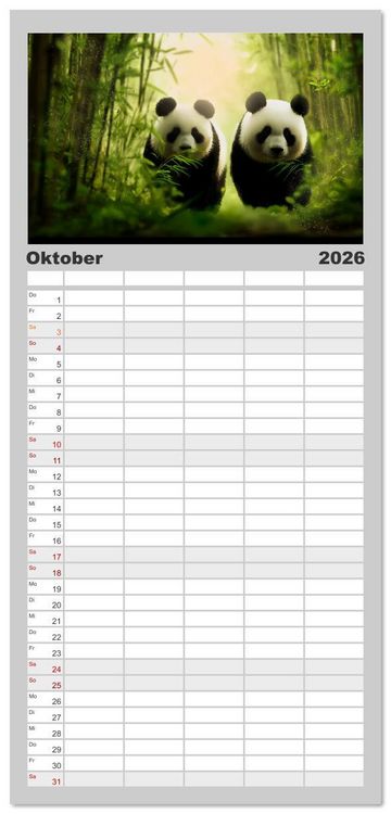 Produktbild: Familienplaner 2026 - Schwarz auf Wei&szlig; - Der Panda-Kalender mit 5 Spalten (Wandkalender, 21 x 45 cm) CALVENDO
