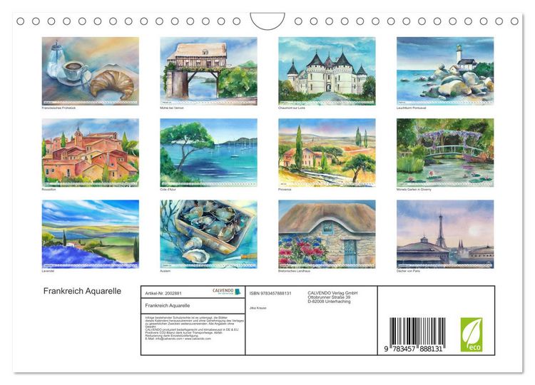Produktbild: Frankreich Aquarelle (Wandkalender 2026 DIN A4 quer), CALVENDO Monatskalender