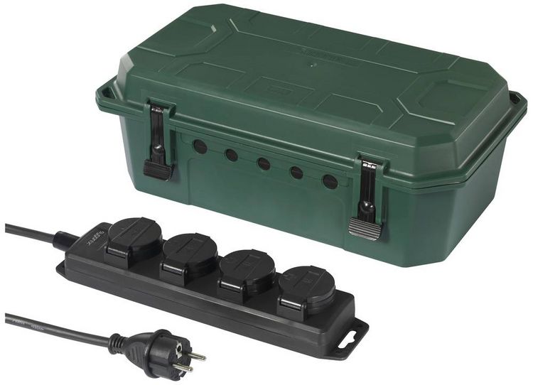 Produktbild: Sygonix SY-5598168 Verteilerbox 4fach Standard-Gr&uuml;n (seidenmatt), Schwarz erh&ouml;hter Ber&uuml;hrungsschutz, mit 4-Fach Steckdosenleiste