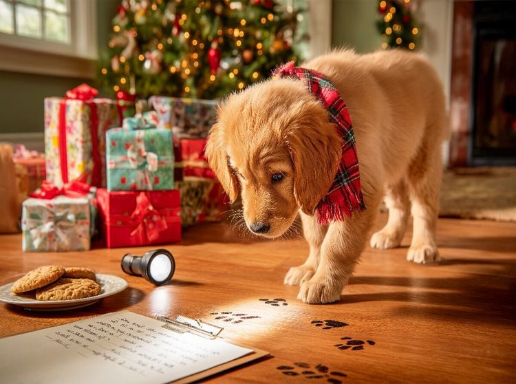 Produktbild: CALVENDO Puzzle Weihnachtswelpe auf Spurensuche vor dem Christbaum | 2000 Teile Lege-Gr&ouml;&szlig;e 90x67cm Foto-Puzzle f&uuml;r gl&uuml;ckliche Stunden