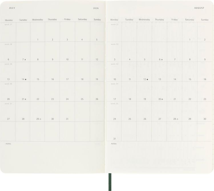 Produktbild: Moleskine 18 Monate Wochen Notizkalender 2025/2026, L/A5, 1 Wo = 1 Seite, rechts linierte Seite, weicher Einband, Myrtengrün