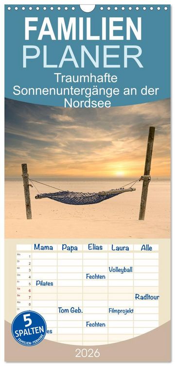 Produktbild: Familienplaner 2026 - Traumhafte Sonnenunterg&auml;nge an der Nordsee mit 5 Spalten (Wandkalender, 21 x 45 cm) CALVENDO