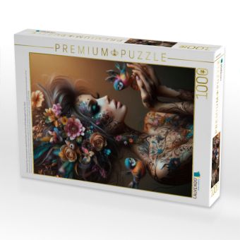Produktbild: CALVENDO Puzzle Portrait einer Frau mit orangenen organischen Haarschmuck und Paradiesv&ouml;geln auf der Hand | 1000 Teile Lege-Gr&ouml;&szlig;e 64x48cm Foto-Puzzle