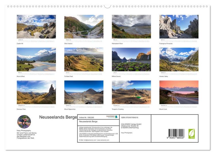 Produktbild: Neuseelands Berge (hochwertiger Premium Wandkalender 2026 DIN A2 quer), Kunstdruck in Hochglanz