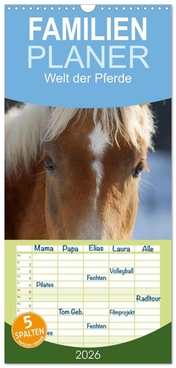 Produktbild: Familienplaner 2026 - Welt der Pferde mit 5 Spalten (Wandkalender, 21 x 45 cm) CALVENDO