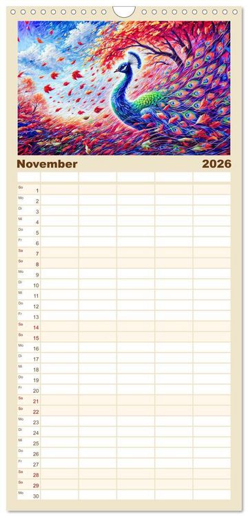 Produktbild: Familienplaner 2026 - Tanz der Pfauen - Jahreszeiten in abstrakter Eleganz mit 5 Spalten (Wandkalender, 21 x 45 cm) CALVENDO