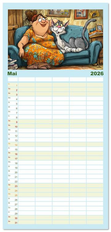 Produktbild: Familienplaner 2026 - Katzen und Frauen. Lustige Cartoons vom t&auml;glichen Chaos mit 5 Spalten (Wandkalender, 21 x 45 cm) CALVENDO