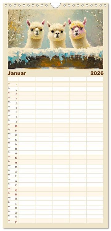 Produktbild: Familienplaner 2026 - Alpakas. Entz&uuml;ckende Paintings in duftigen Farben mit 5 Spalten (Wandkalender, 21 x 45 cm) CALVENDO