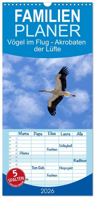 Produktbild: Familienplaner 2026 - V&ouml;gel im Flug - Akrobaten der L&uuml;fte mit 5 Spalten (Wandkalender, 21 x 45 cm) CALVENDO