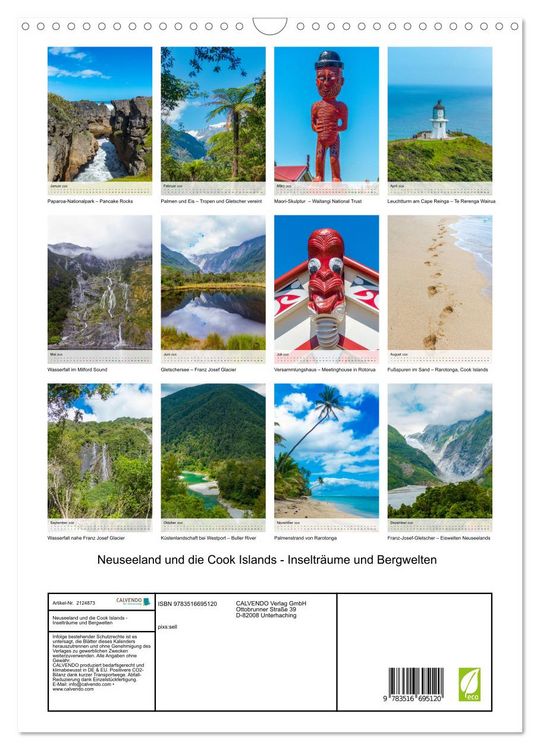 Produktbild: Neuseeland und die Cook Islands - Inseltr&auml;ume und Bergwelten (Wandkalender 2026 DIN A3 hoch), CALVENDO Monatskalender