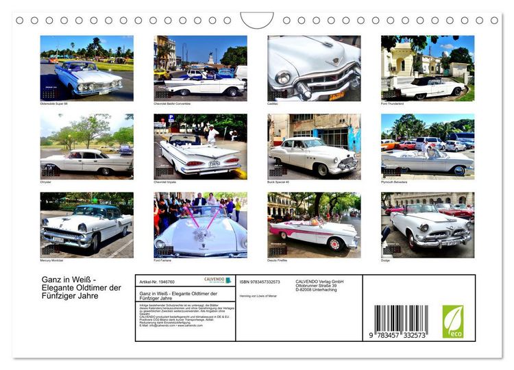 Produktbild: Ganz in Wei&szlig; - Elegante Oldtimer der F&uuml;nfziger Jahre (Wandkalender 2026 DIN A4 quer), CALVENDO Monatskalender