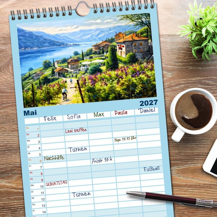 Produktbild: Familienplaner 2027 - S&uuml;dalpines Flair - Seen, Berge und Fantasiest&auml;dte mit 5 Spalten (Wandkalender, 21 x 45 cm) CALVENDO