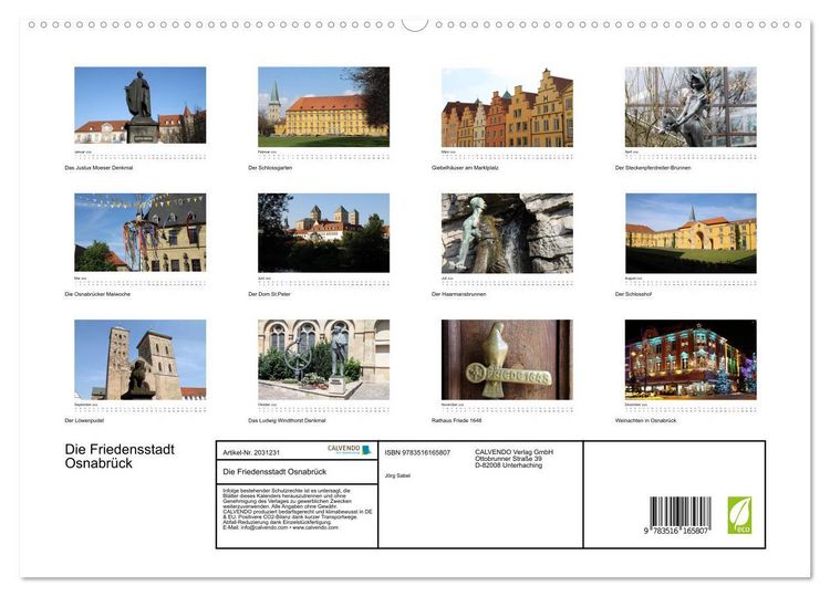 Produktbild: Die Friedensstadt Osnabr&uuml;ck (hochwertiger Premium Wandkalender 2026 DIN A2 quer), Kunstdruck in Hochglanz