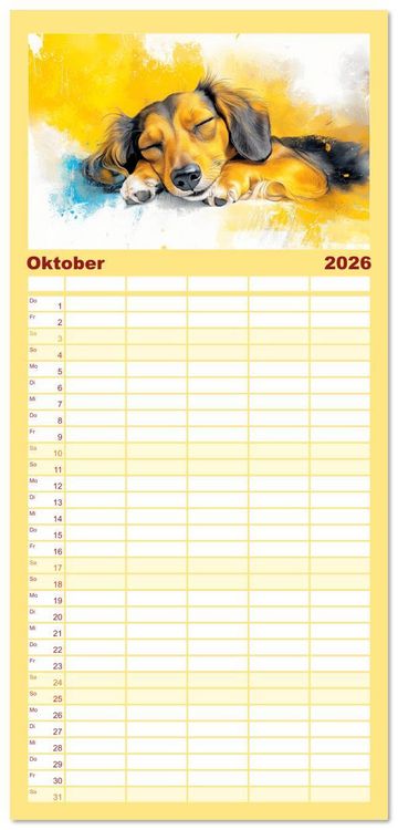 Produktbild: Familienplaner 2026 - Dackelzauber. Charmante Begleiter im lieblichen Aquarell-Stil mit 5 Spalten (Wandkalender, 21 x 45 cm) CALVENDO