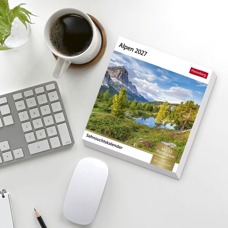 Produktbild: Alpen Sehnsuchtskalender 2027 - Wochenkalender mit 53 Postkarten