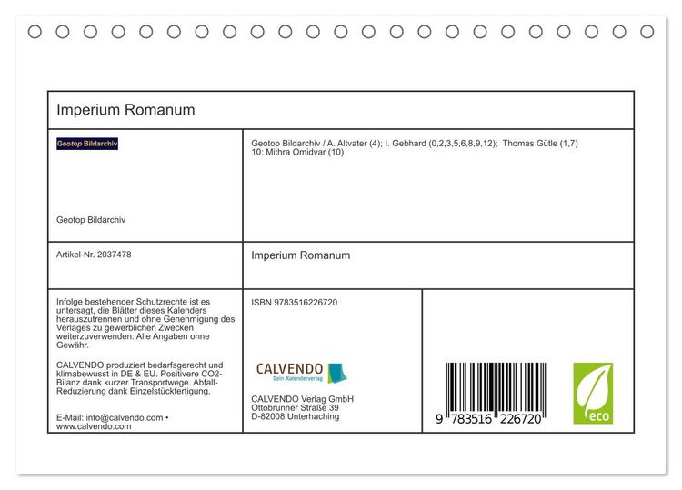 Produktbild: Imperium Romanum (Tischkalender 2026 DIN A5 quer), CALVENDO Monatskalender