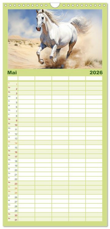 Produktbild: Familienplaner 2026 - Anmutige Schimmel. &Auml;sthetik Aquarell-Pferde mit 5 Spalten (Wandkalender, 21 x 45 cm) CALVENDO