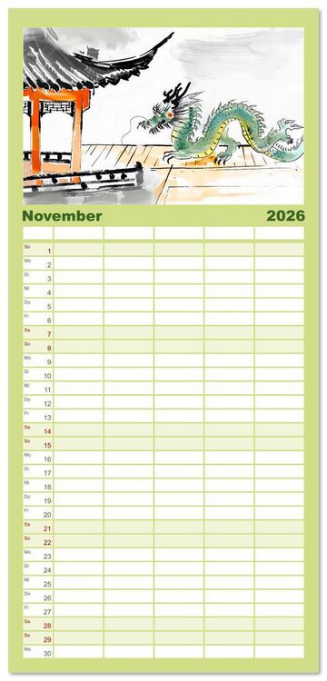 Produktbild: Familienplaner 2026 - Fernost Impressionen - Tempel und Landschaften in KI-Tuschekunst mit 5 Spalten (Wandkalender, 21 x 45 cm) CALVENDO