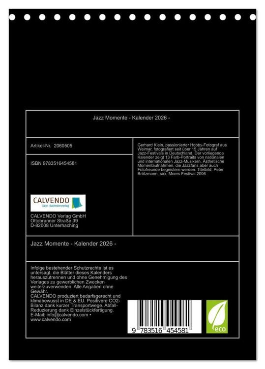 Produktbild: Jazz Momente - Kalender 2026 - (Tischkalender 2026 DIN A5 hoch), CALVENDO Monatskalender