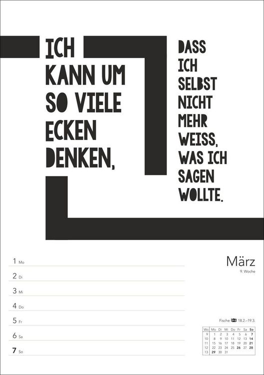 Produktbild: Typo-Spr&uuml;che-Kalender s/w Wochenplaner 2027 - mit 53 witzigen Spr&uuml;chen