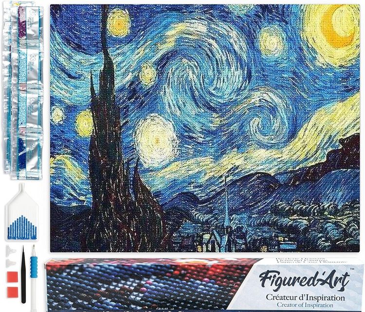 Produktbild: FiguredArt DP-001 - Diamond Painting, Van GoghSternennacht, 5D Bild (40x50cm) mit eckigen Steinen, DIY Bastelset