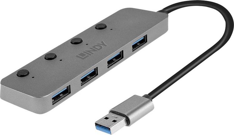 Produktbild: LINDY 43309 USB-Hub 4 Port USB-A USB 3.0 5 GBit/s einzeln schaltbar Grau 4 Port USB 3.0 Hub mit Ein-/Ausschaltern