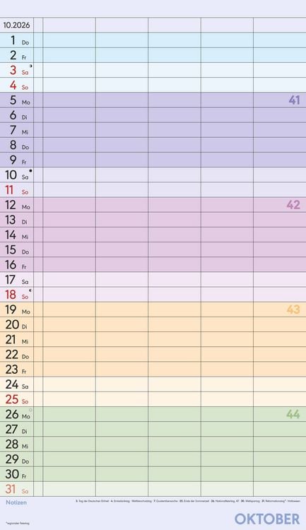 Produktbild: Superplaner Farbenfroh 2026 - 5 Spalten - Familienkalender 26x45 cm - Offset-Papier - mit Ferienterminen - Wandkalender - Wandplaner
