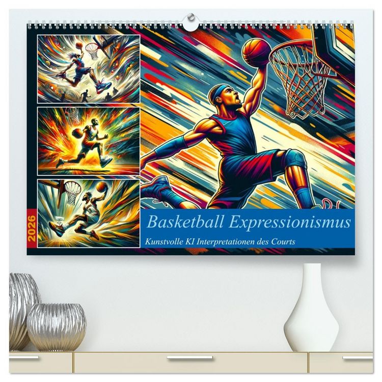 Produktbild: Basketball Expressionismus - Kunstvolle KI Interpretationen des Courts (hochwertiger Premium Wandkalender 2026 DIN A2 quer), Kunstdruck in Hochglanz