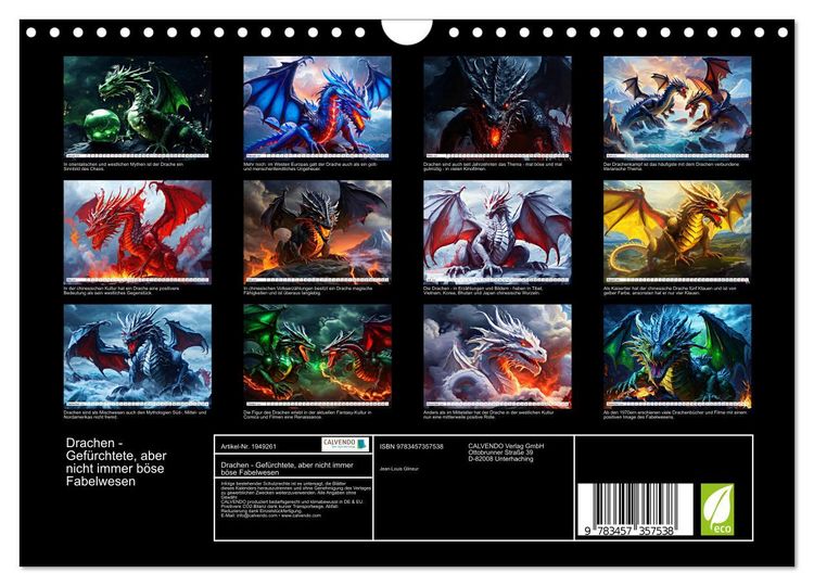 Produktbild: Drachen - Gef&uuml;rchtete, aber nicht immer b&ouml;se Fabelwesen (Wandkalender 2026 DIN A4 quer), CALVENDO Monatskalender