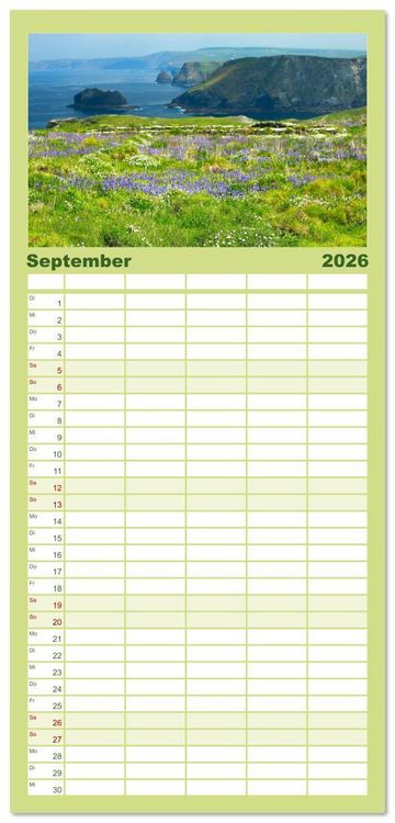 Produktbild: Familienplaner 2026 - Cornwall im Fr&uuml;hling mit 5 Spalten (Wandkalender, 21 x 45 cm) CALVENDO
