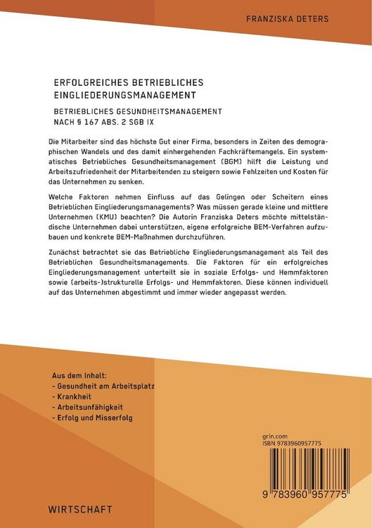 Produktbild: Erfolgreiches Betriebliches Eingliederungsmanagement in kleinen und mittleren Unternehmen
