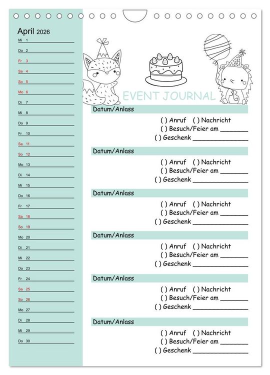 Produktbild: Geburtstagsplaner Doodle Tiere - F&uuml;r Termine, Geschenke, Eventdetails & mehr (Wandkalender 2026 DIN A4 hoch), CALVENDO Monatskalender