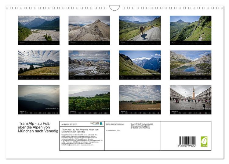 Produktbild: TransAlp - zu Fu&szlig; &uuml;ber die Alpen von M&uuml;nchen nach Venedig (Wandkalender 2026 DIN A3 quer), CALVENDO Monatskalender