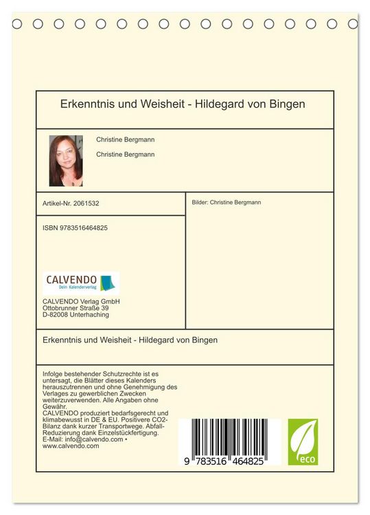 Produktbild: Erkenntnis und Weisheit - Hildegard von Bingen (Tischkalender 2026 DIN A5 hoch), CALVENDO Monatskalender