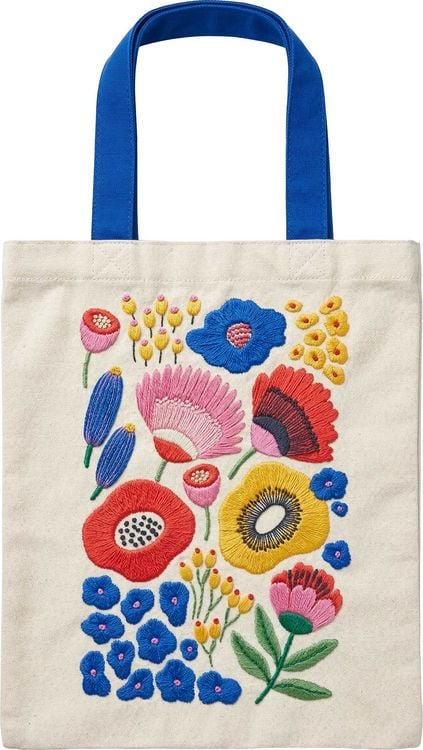 Produktbild: Bunte Blumengr&uuml;&szlig;e Bestickter Stoffbeutel beige