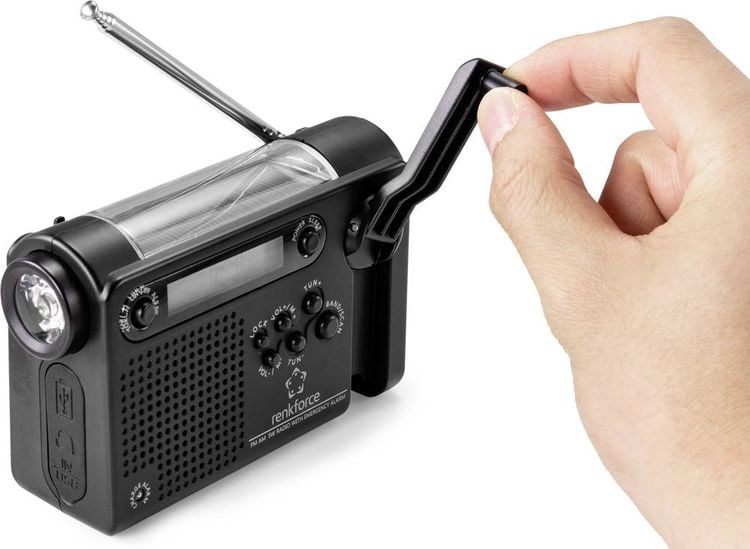 Renkforce RF-CR-200 Kofferradio UKW, MW, KW Notfallradio wiederaufladbar, Solarpanel, Handkurbel, Weckfunktion, Taschenlampe Schwarz