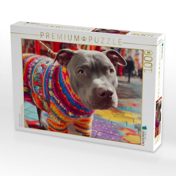 Produktbild: CALVENDO Puzzle Pit Bull im bunten Strick | 1000 Teile Lege-Gr&ouml;&szlig;e 64x48cm Foto-Puzzle f&uuml;r gl&uuml;ckliche Stunden