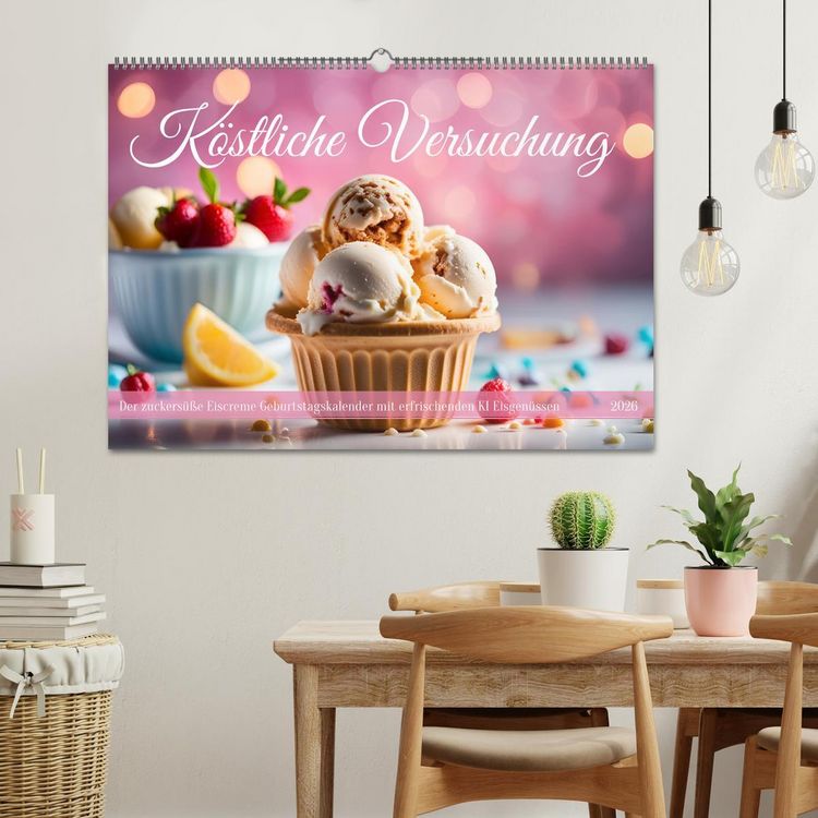 Produktbild: K&ouml;stliche Versuchung - Der zuckers&uuml;&szlig;e Eiscreme Geburtstagskalender mit erfrischenden KI Eisgen&uuml;ssen (Wandkalender 2026 DIN A2 quer), CALVENDO Monatskalender