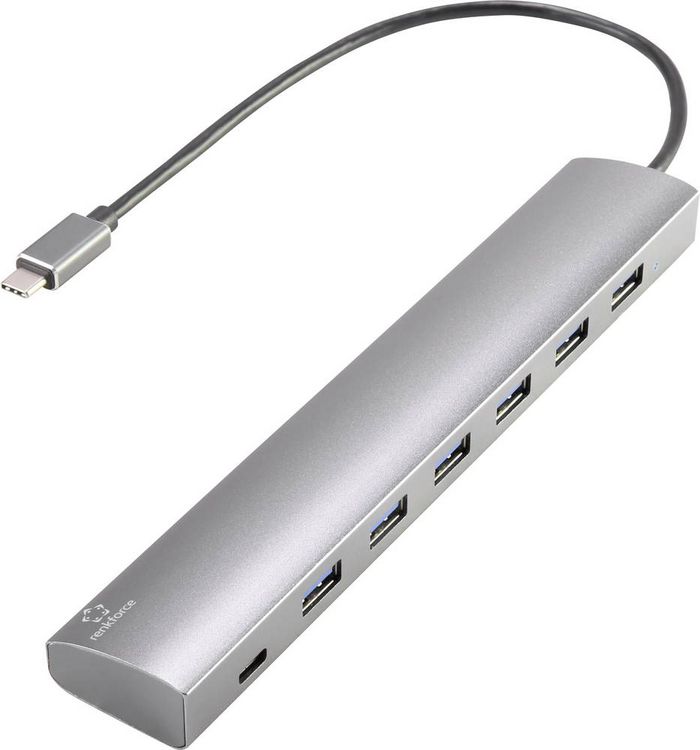 Produktbild: Renkforce RF-3374946 USB-Hub 6+1 Port USB-A USB 3.2 Gen1 5 GBit/s mit Pass-Through Stromanschluss, mit Aluminiumgeh&auml;use Silber