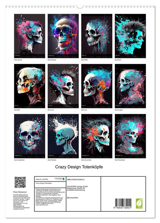 Produktbild: Crazy Design Totenk&ouml;pfe (hochwertiger Premium Wandkalender 2026 DIN A2 hoch), Kunstdruck in Hochglanz
