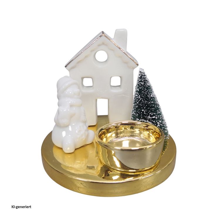Produktbild: HTI-Living Teelichthalter Weihnachtsdeko Schneemann Haus Tannenbaum Keramik Gold Wei&szlig;