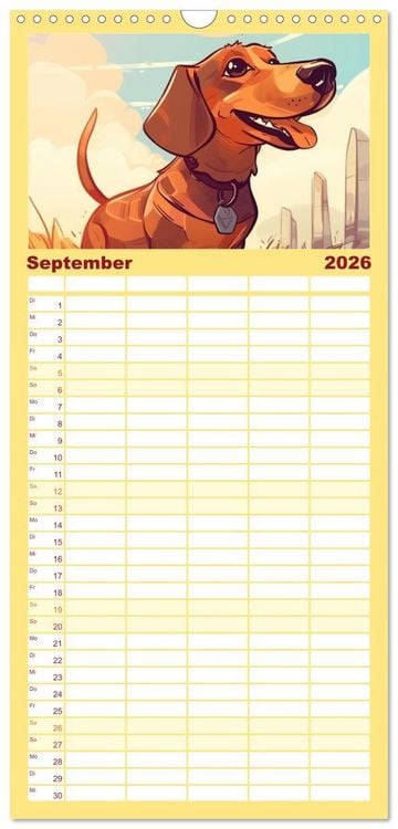 Produktbild: Familienplaner 2026 - Dackel mit 5 Spalten (Wandkalender, 21 x 45 cm) CALVENDO
