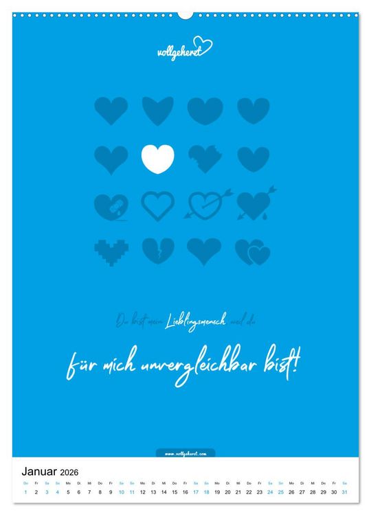 Produktbild: vollgeherzt: Lieblingsmensch-Kalender - Der Wandkalender als Geschenk f&uuml;r ganz besondere Menschen (Wandkalender 2026 DIN A2 hoch), CALVENDO Monatskalender