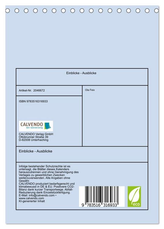 Produktbild: Einblicke - Ausblicke (Tischkalender 2026 DIN A5 hoch), CALVENDO Monatskalender