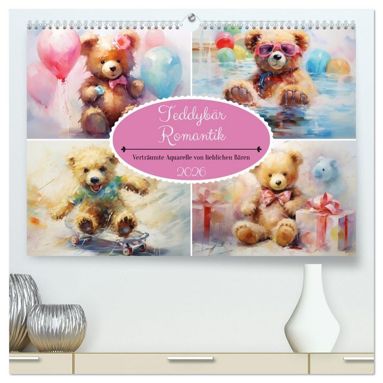 Produktbild: Teddyb&auml;r Romantik. Vertr&auml;umte Aquarelle von lieblichen B&auml;ren (hochwertiger Premium Wandkalender 2026 DIN A2 quer), Kunstdruck in Hochglanz